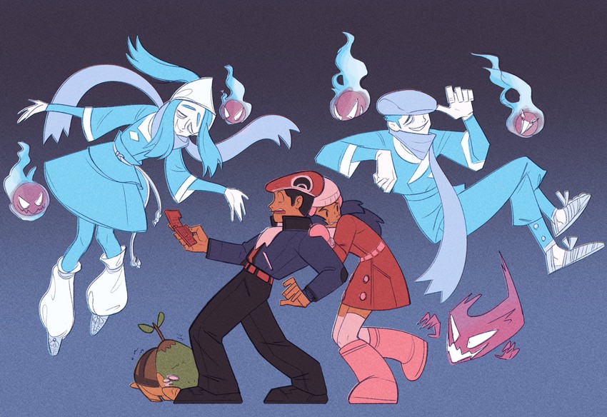 dawn, akari, lucas, gastly, rei, and 2 more (pokemon and 3 more) drawn by eli_osborne
