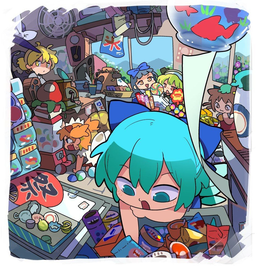 kirisame marisa, cirno, chen, star sapphire, luna child, and 1 more (touhou) drawn by moyazou_(kitaguni_moyashi_seizoujo)
