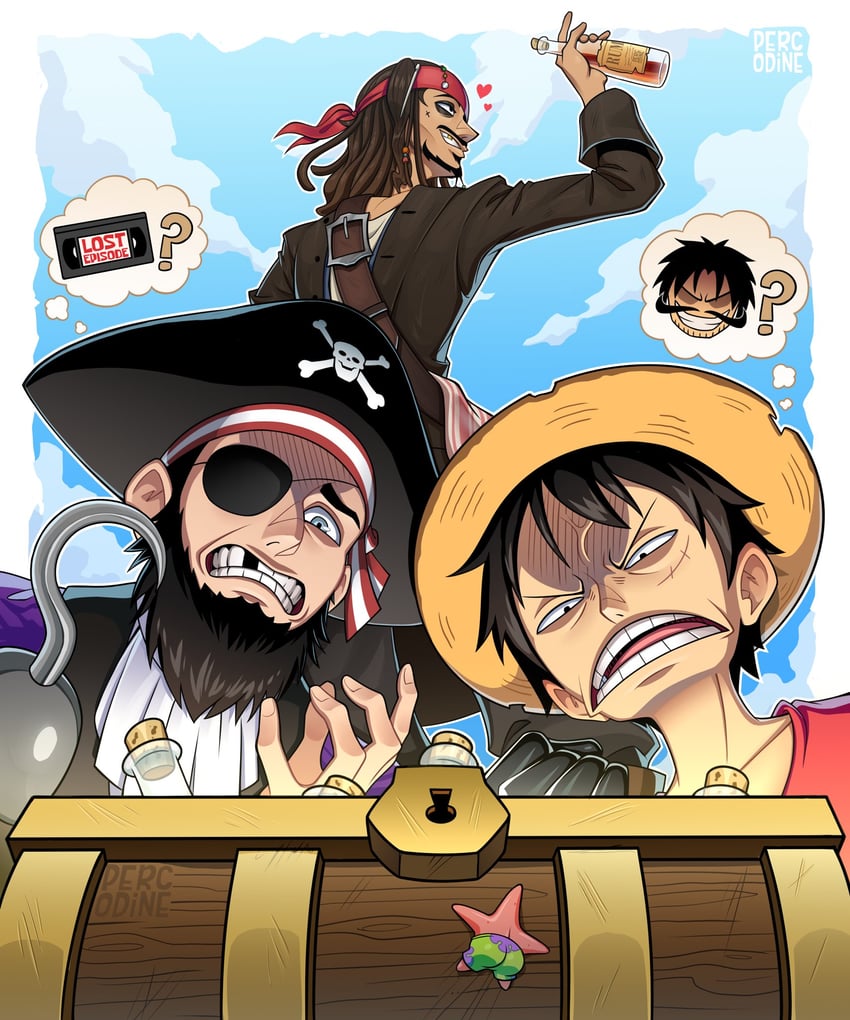 monkey d. luffy, gol d. roger, patrick star, jack sparrow, and patchy the pirate (one piece and 2 more) drawn by percodine