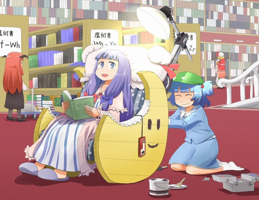 flandre scarlet, patchouli knowledge, hong meiling, kawashiro nitori, and koakuma (touhou) drawn by maru_take