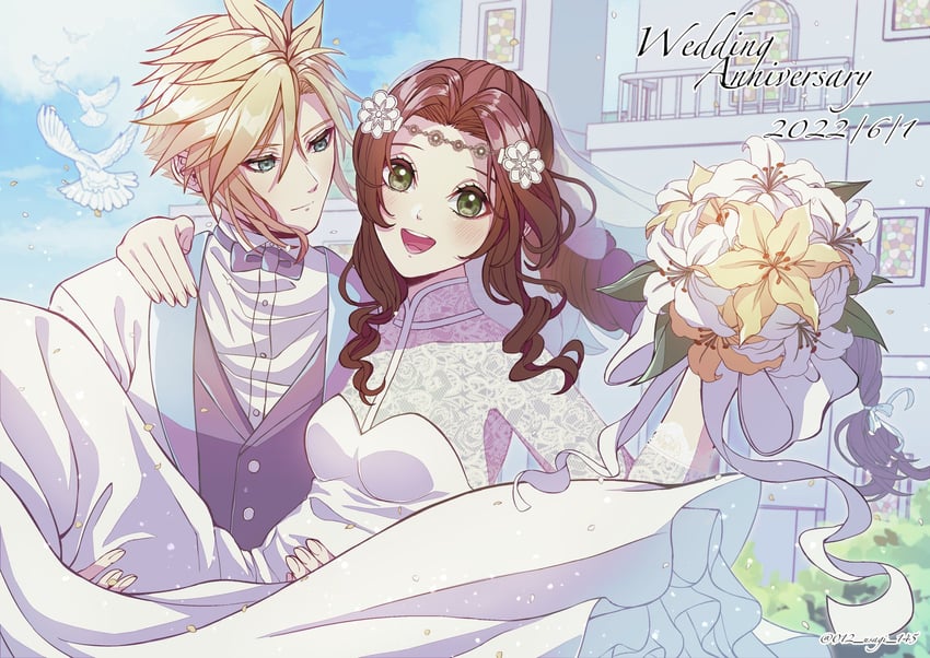 cloud strife and aerith gainsborough (final fantasy and 2 more) drawn by 012_usagi