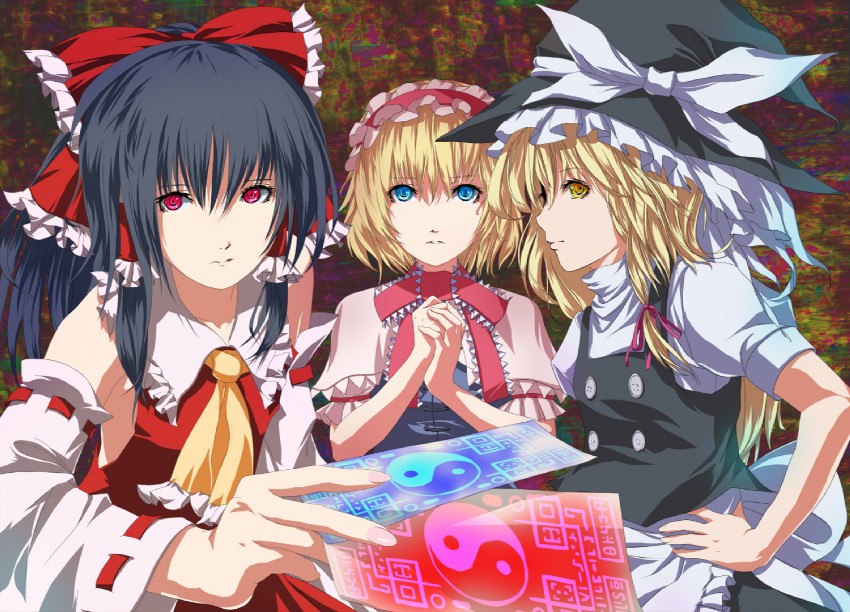 hakurei reimu, kirisame marisa, and alice margatroid (touhou) drawn by fuji_hyorone