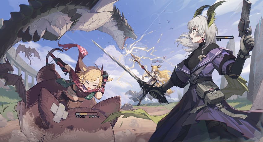 irene, kroos, kroos the keen glint, and leizi (arknights) drawn by karoro