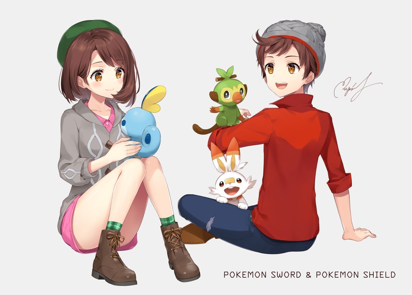 gloria, scorbunny, sobble, victor, and grookey (pokemon and 1 more) drawn by rupinesu
