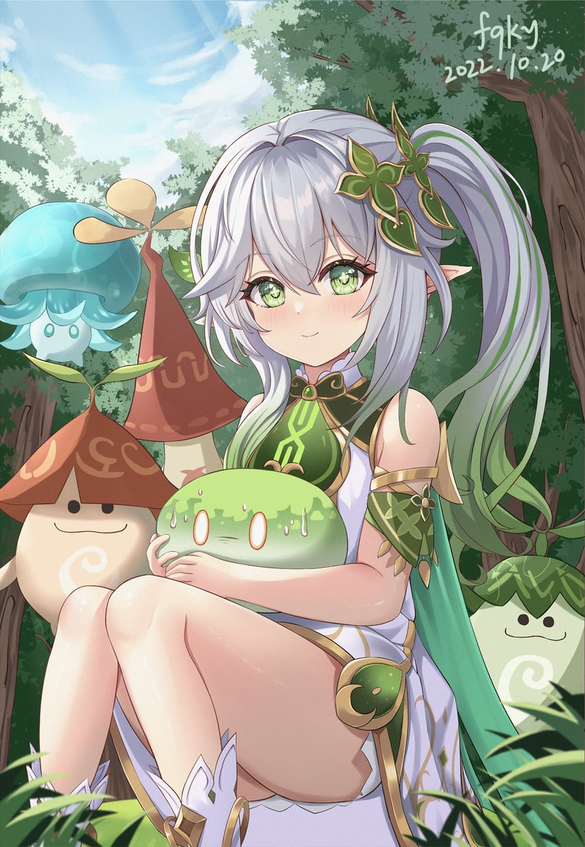 nahida, slime, aranara, and fungi (genshin impact) drawn by zhushameiliu