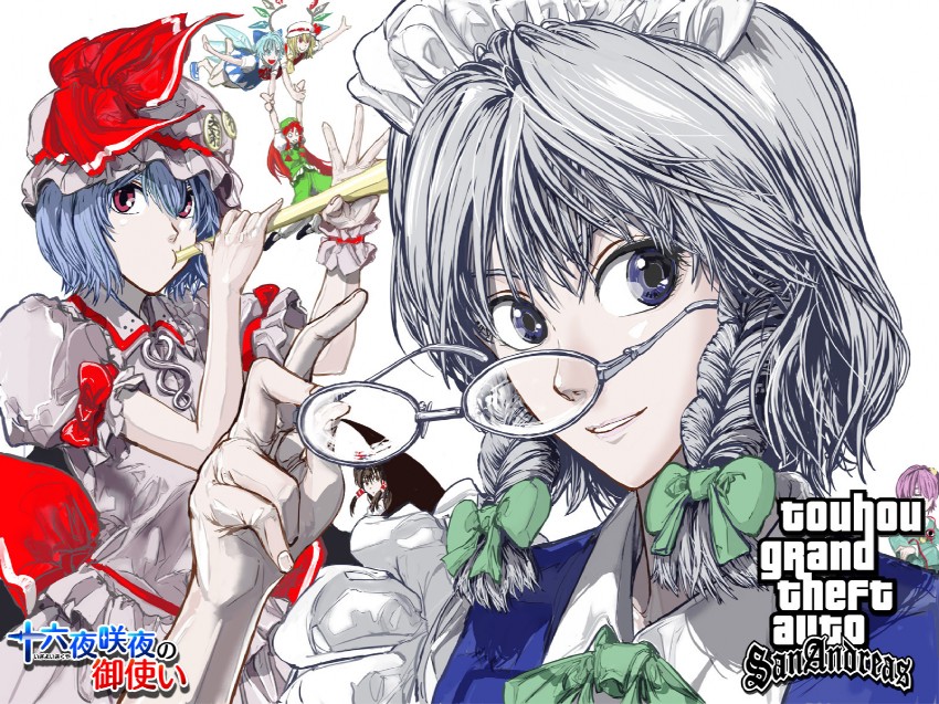 hakurei reimu, remilia scarlet, flandre scarlet, izayoi sakuya, cirno, and 2 more (touhou and 2 more) drawn by umami_(sakeikura)
