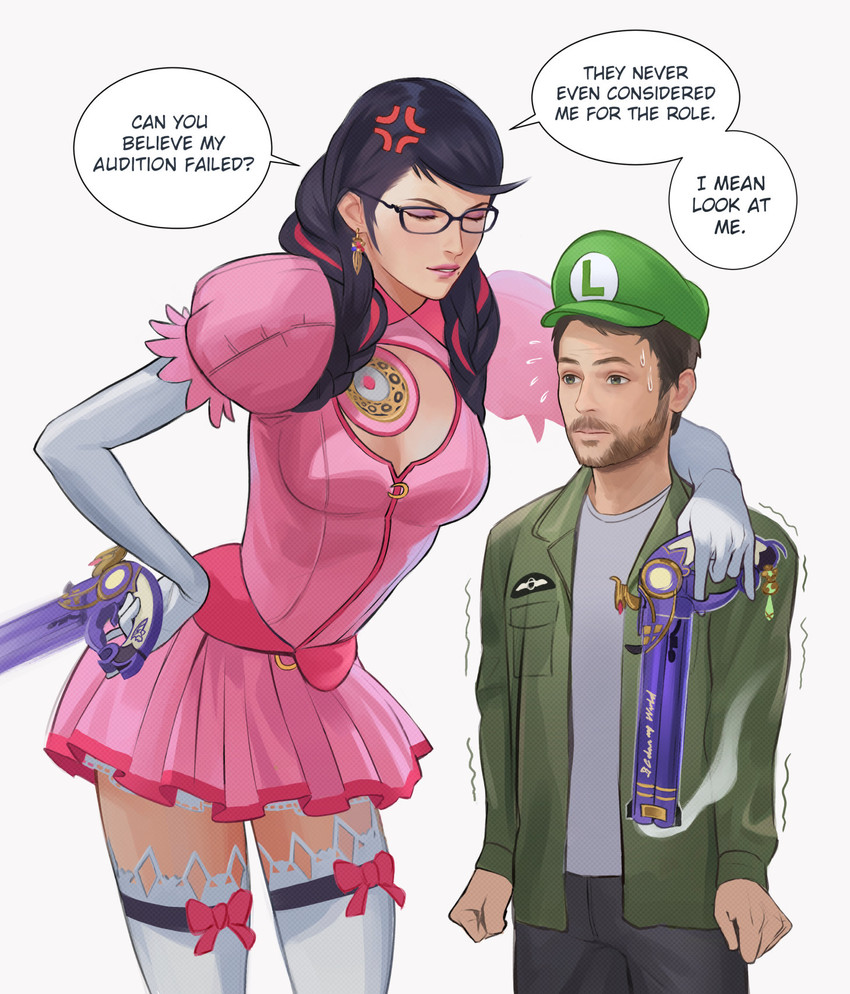 princess peach, luigi, bayonetta, and charlie day (mario and 3 more) drawn by zenkiro