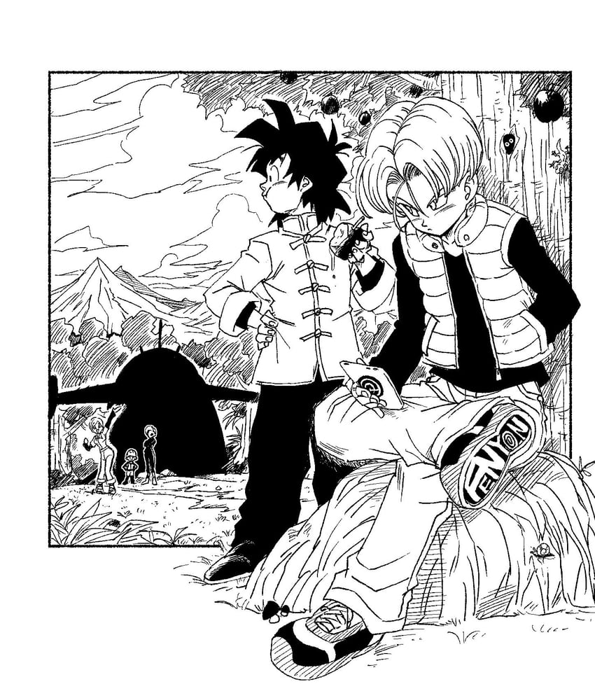 android 18, bulma, trunks, kuririn, and son goten (dragon ball and 2 more) drawn by fenyon
