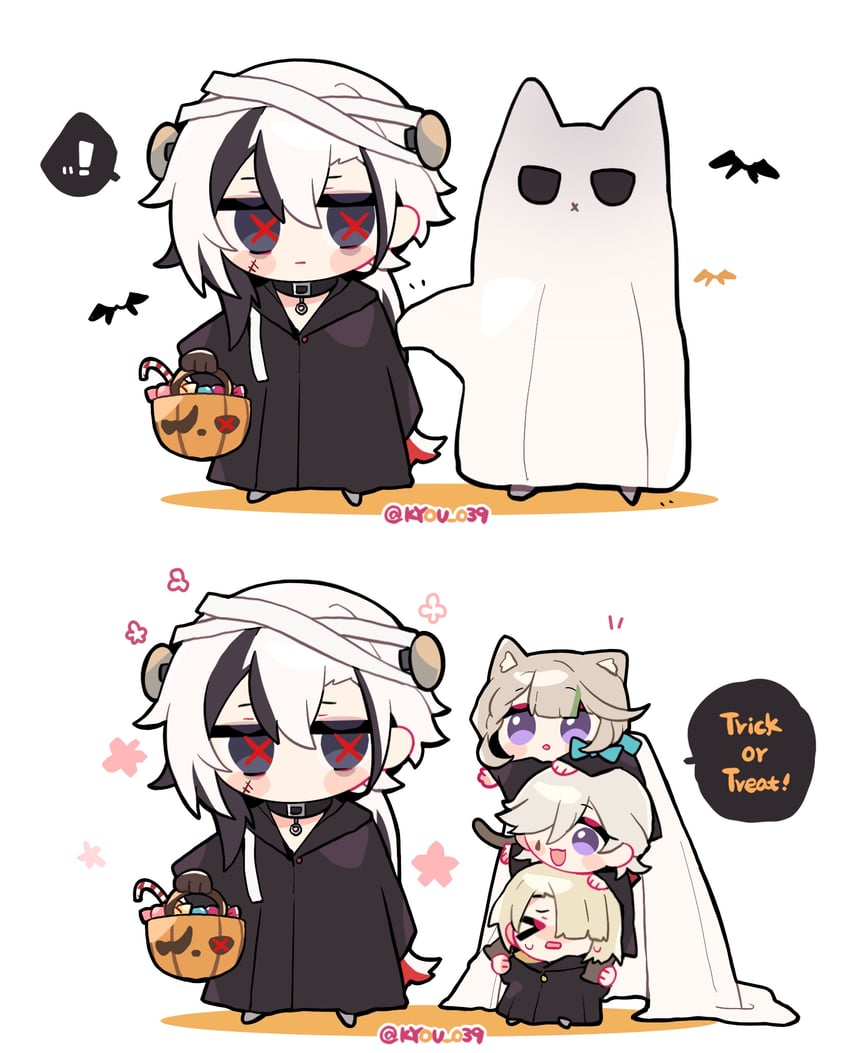 arlecchino, lynette, lyney, and freminet (genshin impact) drawn by kyou_039