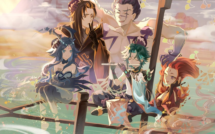 xiao, bonanus, indarias, bosacius, and menogias (genshin impact)