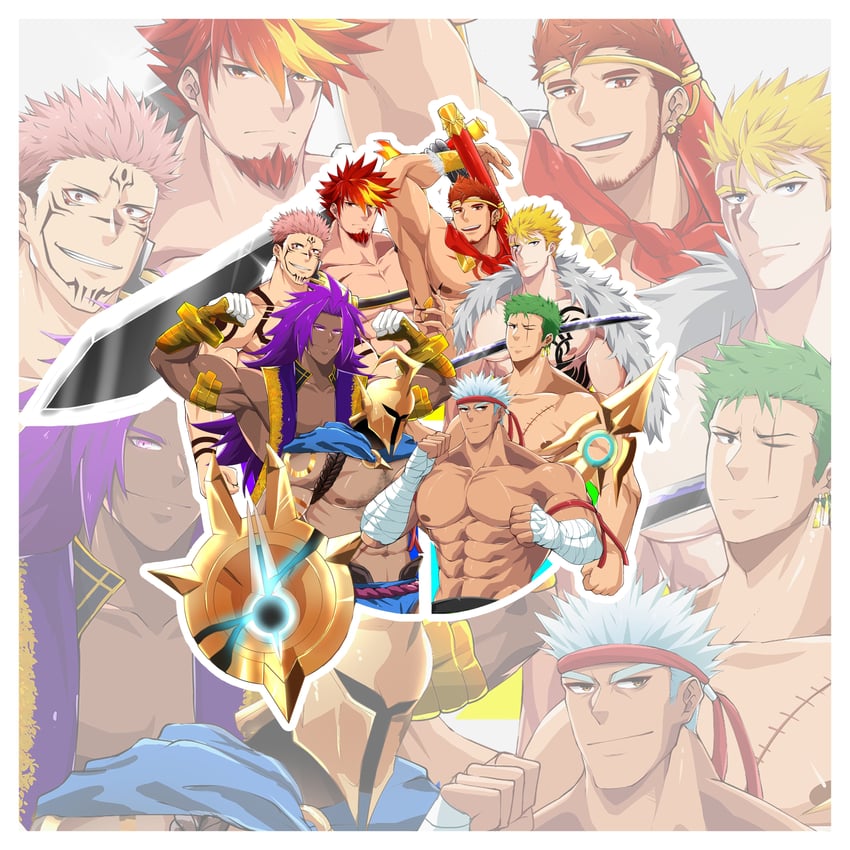 roronoa zoro, ryoumen sukuna, bhima, pantheon, laxus dreyar, and 3 more (fate and 8 more) drawn by kiazu114
