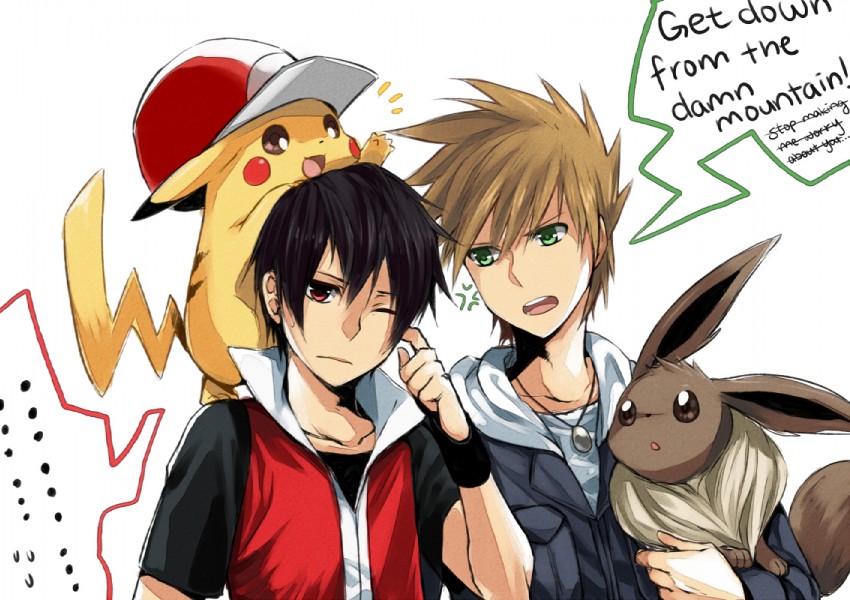 pikachu, red, eevee, blue oak, and pixiv red (pokemon and 3 more) drawn by cezaria