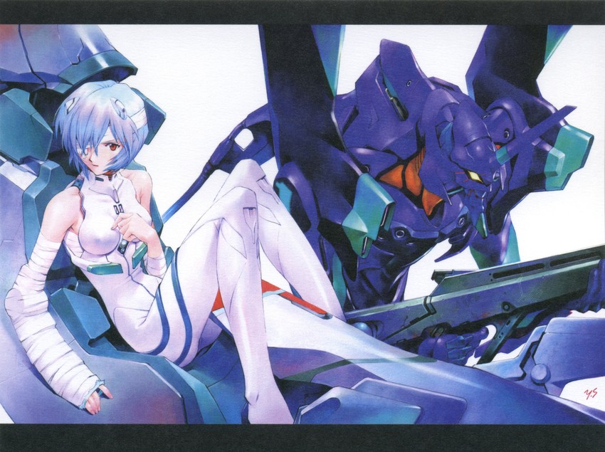 ayanami rei and eva 01 (neon genesis evangelion) drawn by sadamoto_yoshiyuki