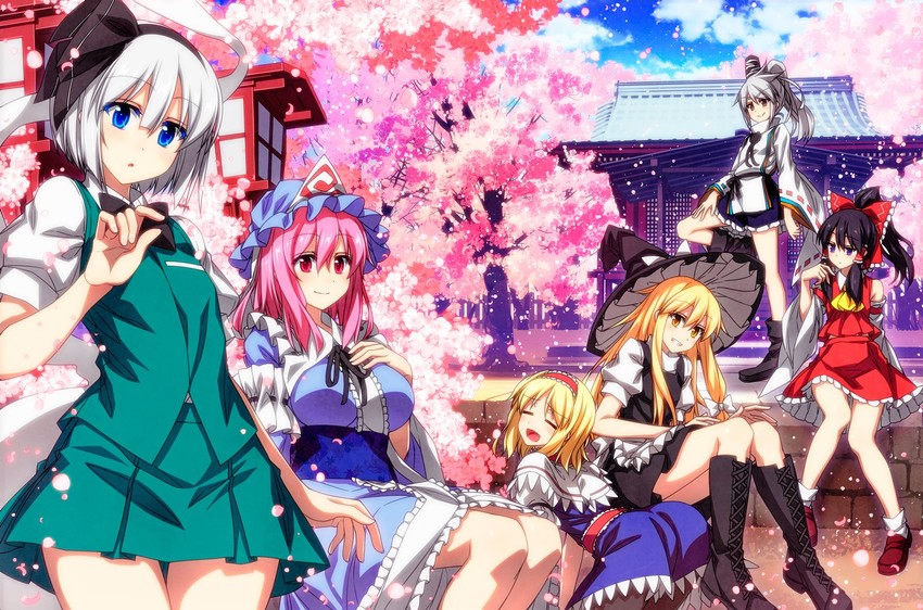 hakurei reimu, kirisame marisa, konpaku youmu, alice margatroid, saigyouji yuyuko, and 1 more (touhou) drawn by sazanami_mio