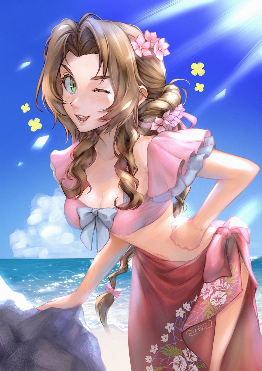 aerith gainsborough (final fantasy and 3 more) drawn by vinetsu