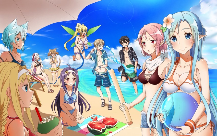 asuna, kirito, sinon, leafa, silica, and 5 more (sword art online and 2 more) drawn by enokimo_me