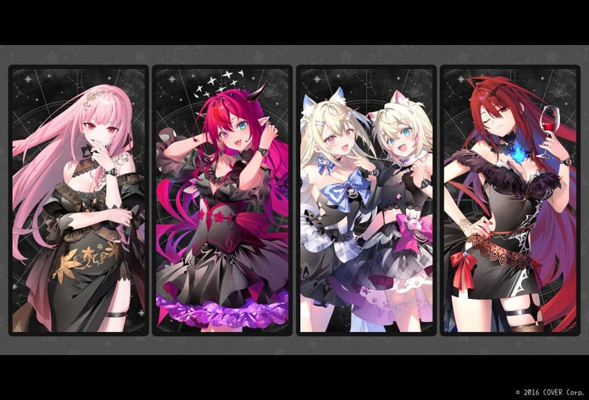 mori calliope, irys, fuwawa abyssgard, mococo abyssgard, and elizabeth rose bloodflame (hololive and 1 more) drawn by riichu