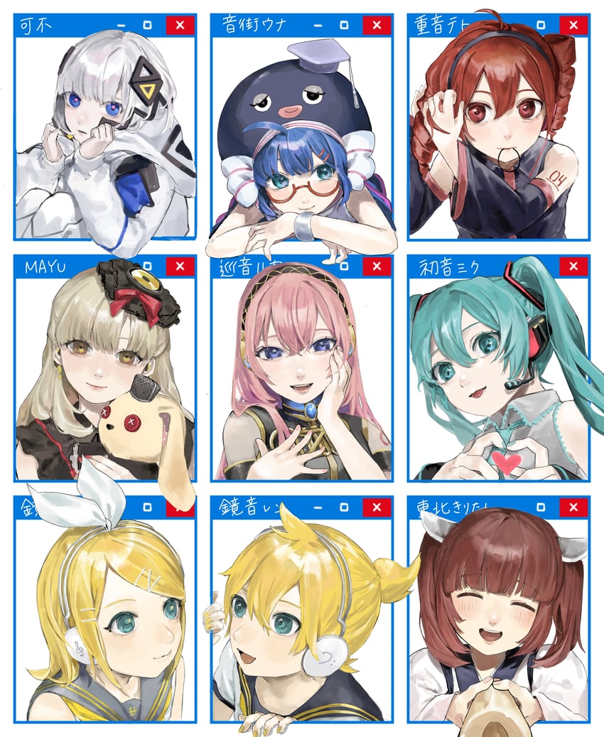 hatsune miku, kagamine rin, kagamine len, megurine luka, kasane teto, and 5 more (vocaloid and 4 more) drawn by kani_samurai