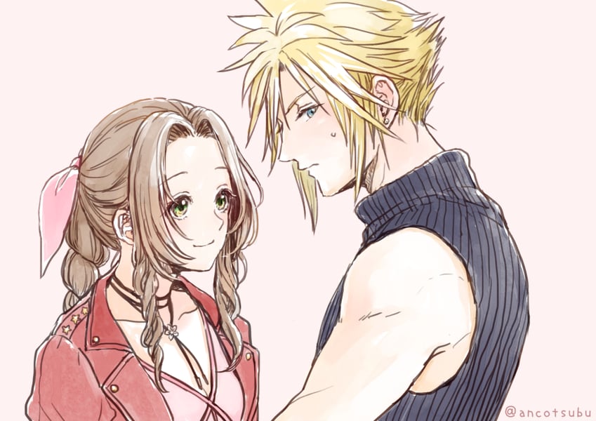 cloud strife and aerith gainsborough (final fantasy and 2 more) drawn by ancotsubu