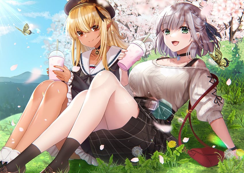 shirogane noel and shiranui flare (hololive) drawn by suzuki_nene