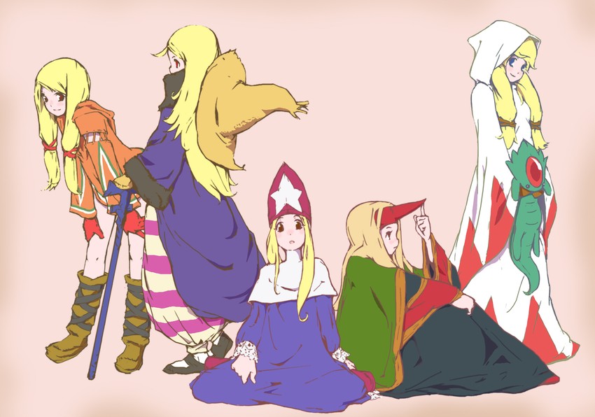 white mage, carbuncle, geomancer, time mage, black mage, and 1 more (final fantasy and 1 more) drawn by inata_wataru