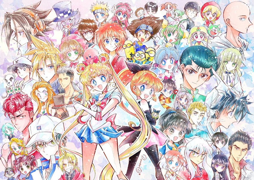 cloud strife, kirby, kinomoto sakura, tsukino usagi, sailor moon, and 45 more (final fantasy and 49 more) drawn by punano
