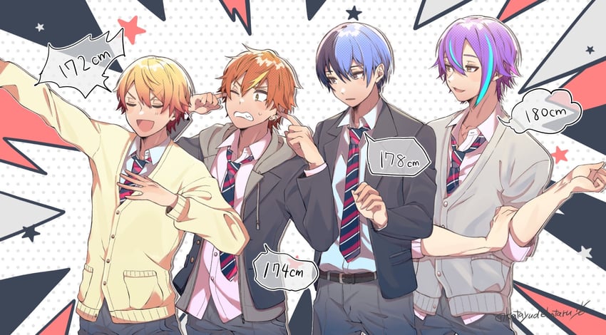 tenma tsukasa, kamishiro rui, shinonome akito, and aoyagi touya (project sekai) drawn by katayudehotaru