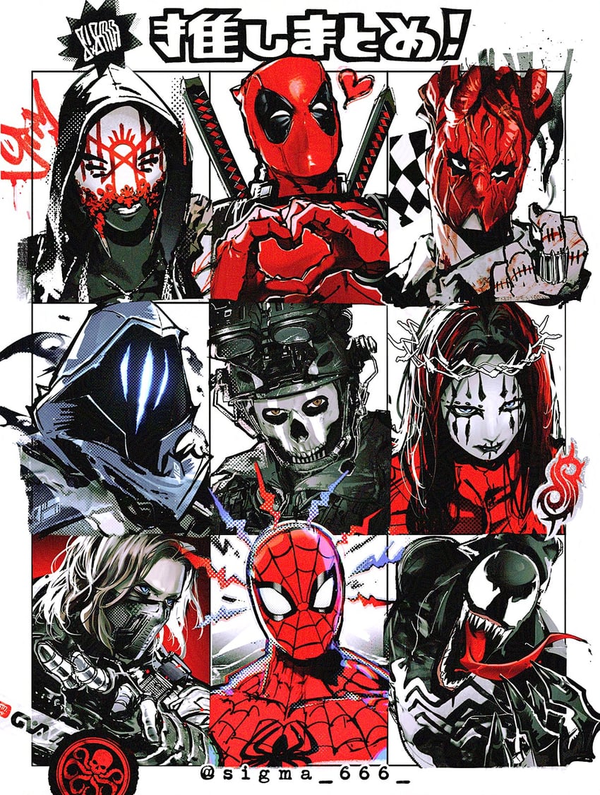 deadpool, spider-man, ghost, venom, bucky barnes, and 3 more (marvel and 9 more) drawn by surimi_special