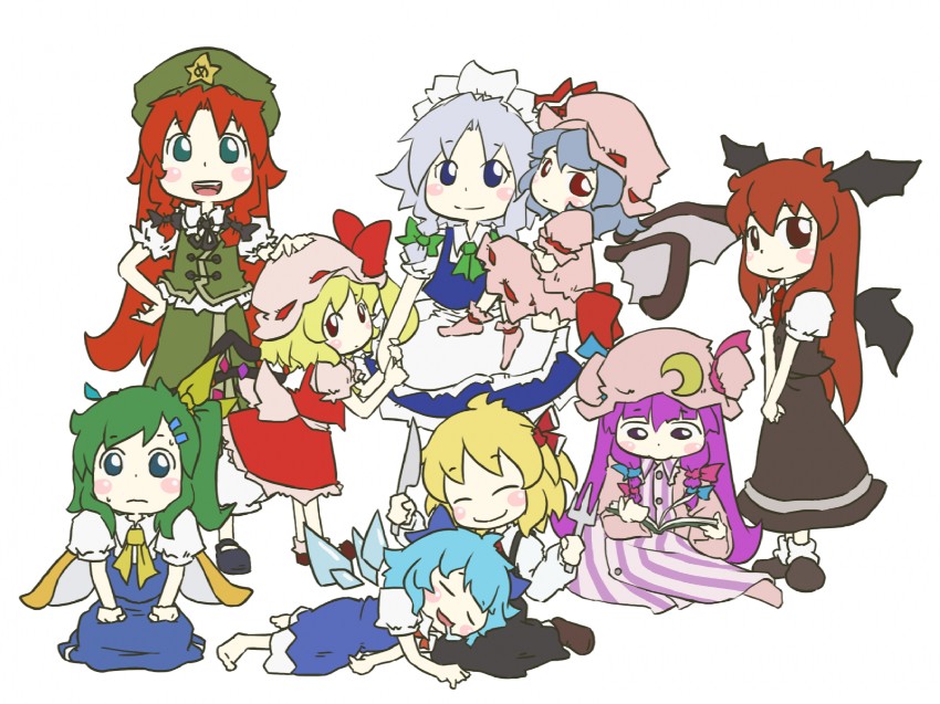 remilia scarlet, flandre scarlet, izayoi sakuya, cirno, patchouli knowledge, and 4 more (touhou and 1 more) drawn by peconica