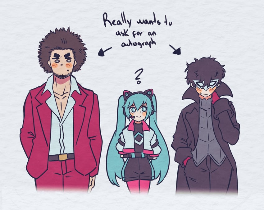 hatsune miku, amamiya ren, joker, and kasuga ichiban (vocaloid and 7 more) drawn by andrich_galam