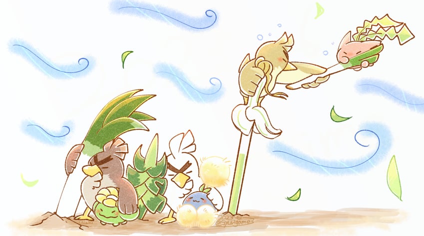 hoppip, sirfetch'd, jumpluff, farfetch'd, skiploom, and 1 more (pokemon) drawn by shuri_(syurigame)