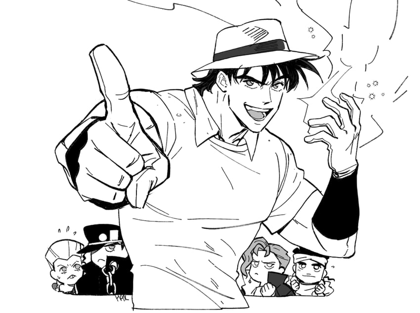 joseph joestar, kujo jotaro, kakyoin noriaki, jean pierre polnareff, and mohammed avdol (jojo no kimyou na bouken and 1 more) drawn by hakmonss