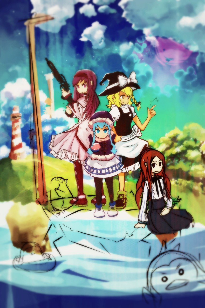 kirisame marisa, akemi homura, ikamusume, takakura himari, and penguin 3-gou (touhou and 3 more) drawn by drawfag
