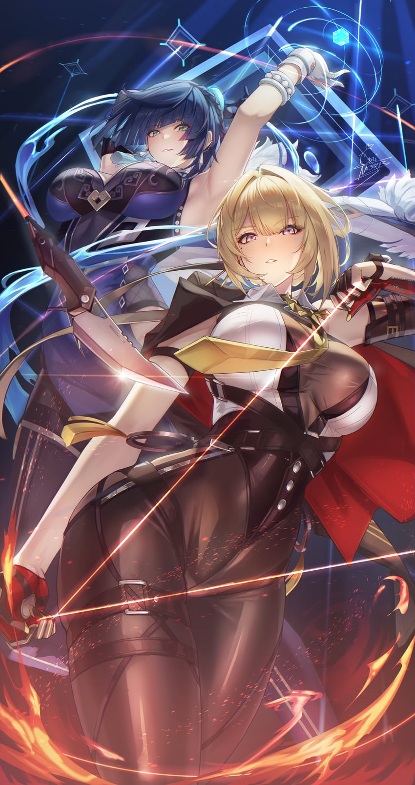 yelan and evelyn chevalier (genshin impact and 2 more) drawn by gainoob