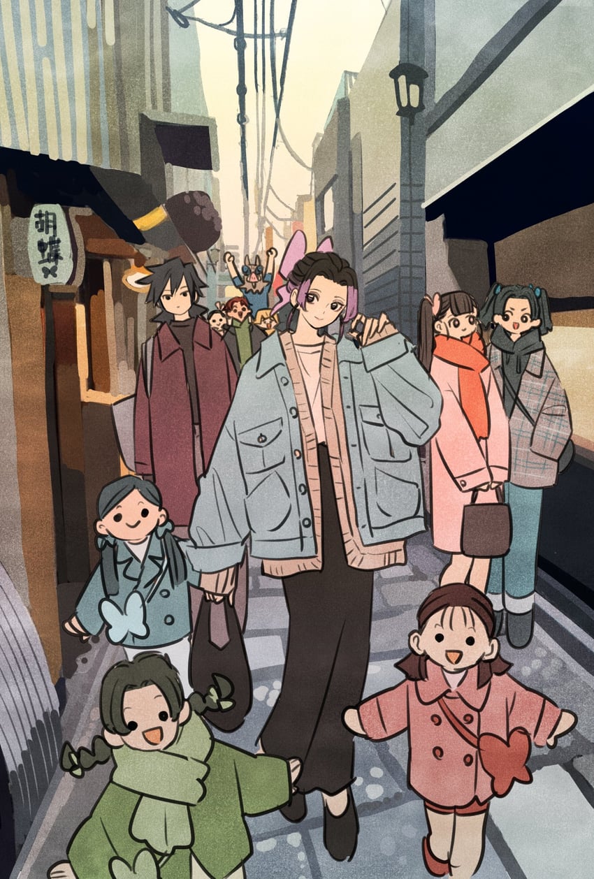 kamado nezuko, kochou shinobu, kamado tanjirou, tomioka giyuu, agatsuma zenitsu, and 6 more (kimetsu no yaiba) drawn by takeuchi_ryousuke