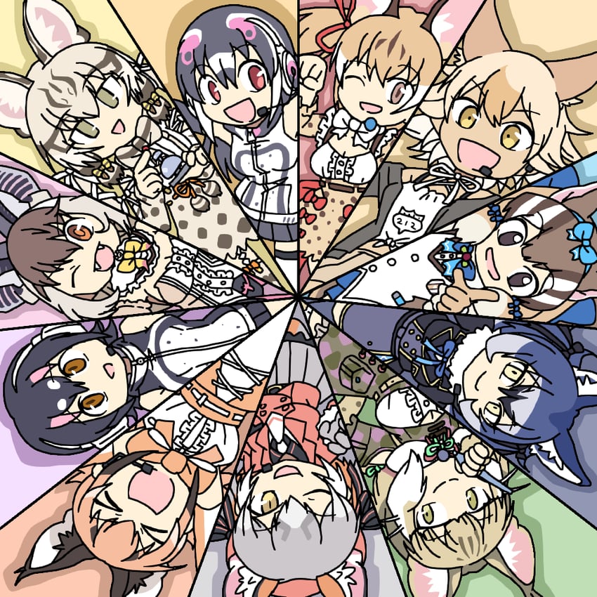 island fox, humboldt penguin, caracal, brown long-eared bat, coyote, and 6 more (kemono friends and 1 more) drawn by srd_(srdsrd01)