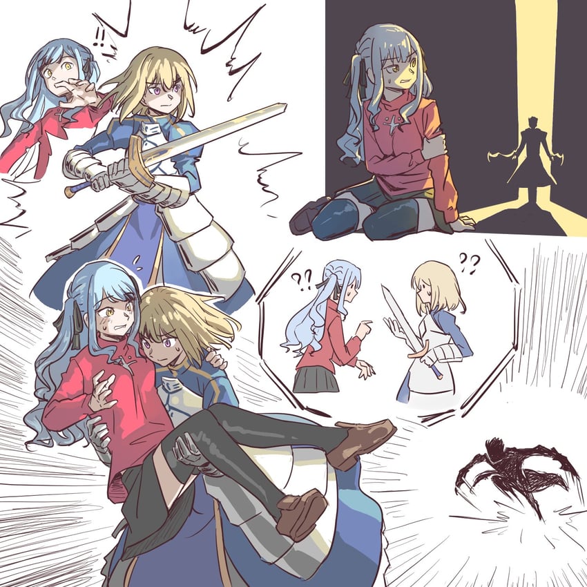 artoria pendragon, saber, tohsaka rin, archer, togawa sakiko, and 1 more (fate and 3 more) drawn by anjuro_zeeku