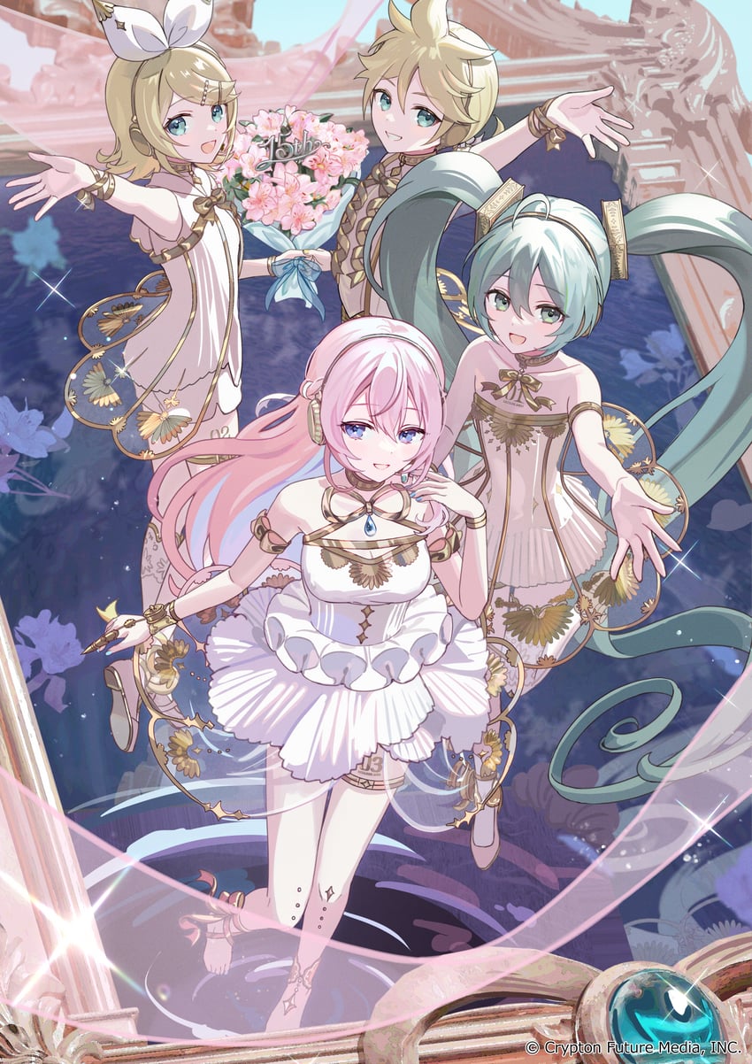hatsune miku, kagamine rin, kagamine len, megurine luka, gramophone miku, and 3 more (vocaloid and 1 more) drawn by vs0mr