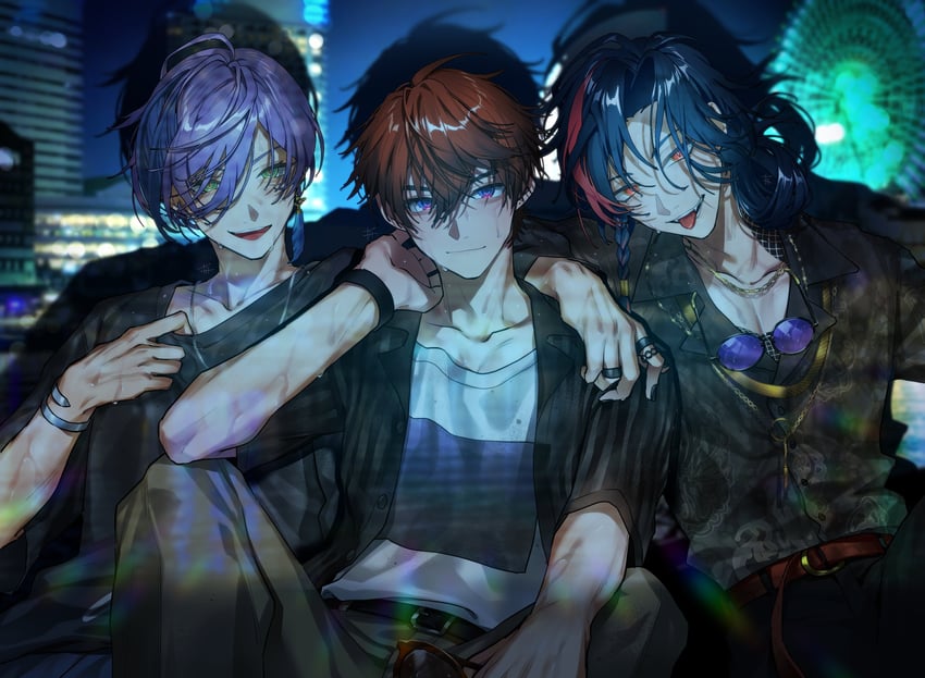 kitami yusei, kaisei, and sakaki ness (nijisanji) drawn by hakobune_noark