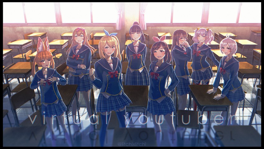 tokino sora, kizuna ai, kaguya luna, dennou shoujo siro, mirai akari, and 3 more (hololive and 7 more) drawn by raichi_(litchixlitchi)