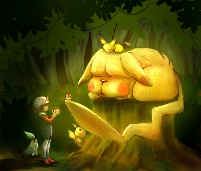 pikachu, lyra, chikorita, and pichu (pokemon and 1 more) drawn by higashii_(kerororo)