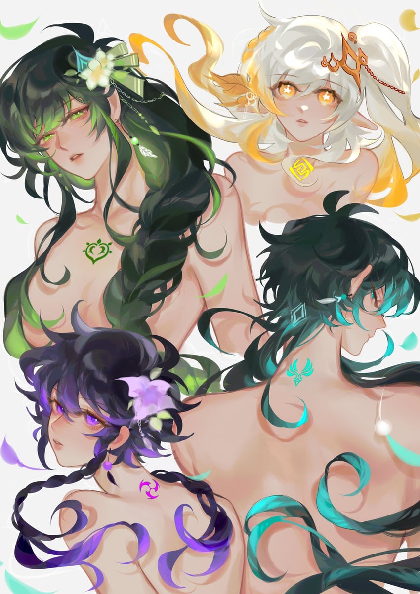 raiden shogun, nahida, zhongli, and venti (genshin impact) drawn by yionyi23