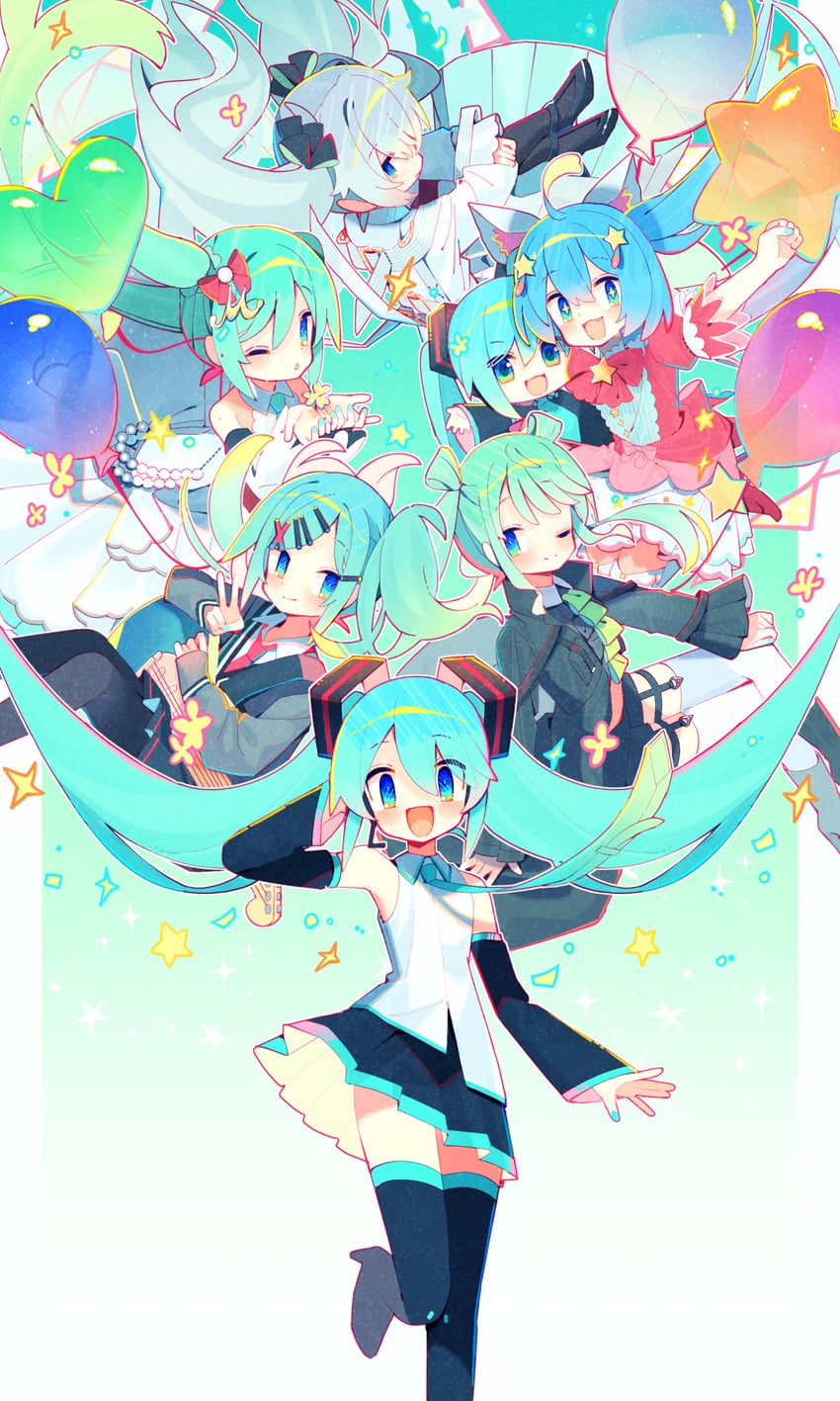 hatsune miku, 25-ji miku, wonderlands x showtime miku, vivid bad squad miku, leo/need miku, and 2 more (vocaloid and 1 more) drawn by aoi_tsuyu