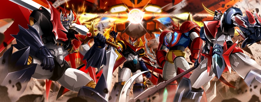 grendizer, mazinkaiser, mazinger zero, getter emperor, mazinemperor g, and 1 more (super robot wars and 11 more) drawn by ginga_no_kou