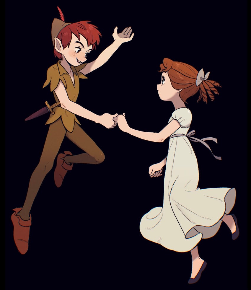 peter pan and wendy darling (walt disney's peter pan) drawn by kumao_(uexxww)