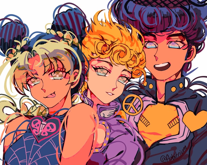 kujo jolyne, giorno giovanna, and higashikata josuke (jojo no kimyou na bouken and 3 more) drawn by arbitrium