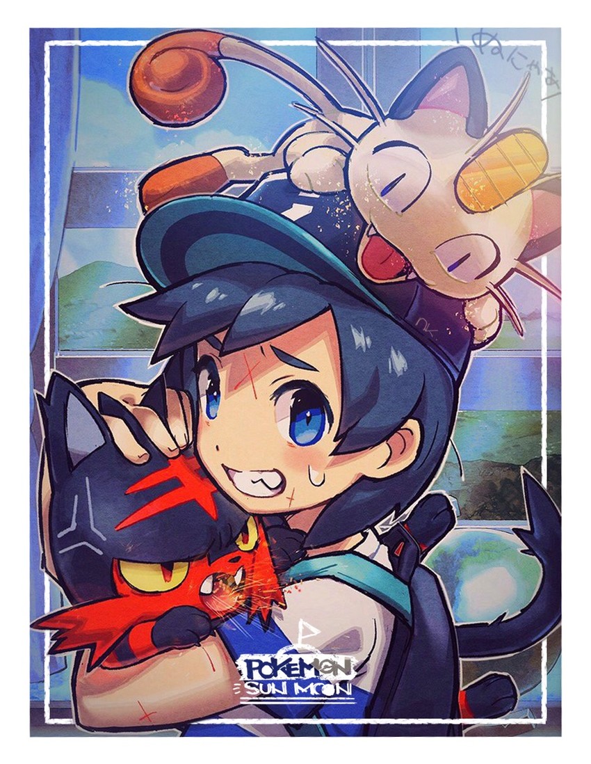 elio, meowth, and litten (pokemon and 1 more) drawn by nito_kiyoshi