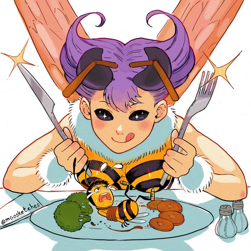 q-bee and barry b. benson (darkstalkers and 1 more) drawn by mango_(mgosketches)