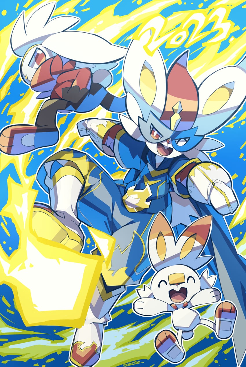 scorbunny, cinderace, and raboot (pokemon and 1 more) drawn by makoto_ikemu