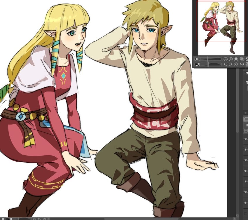 link and princess zelda (the legend of zelda and 1 more) drawn by m_art_of